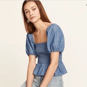J.Crew puff sleeve chambray smocked top.